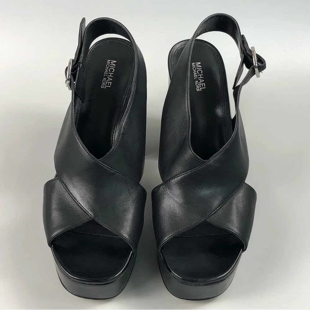 MICHAEL Michael Kors Black Leather Platform Slingback Sandals - Picture 5 of 11